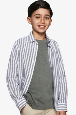 Camicia misto lino a righe verde Kids