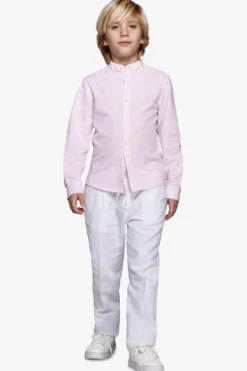 Camicia misto lino coreana a righe rosa Kids