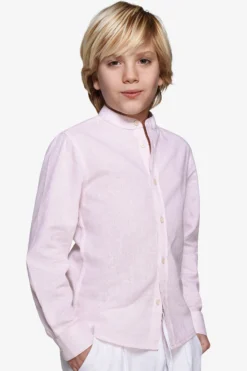 Camicia misto lino coreana a righe rosa Kids