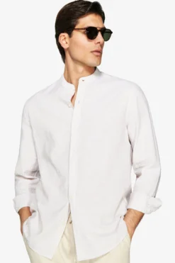 Camicia misto lino coreana a righe sabbia