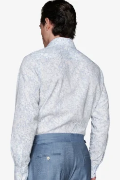 Camicia misto lino stampa fiori celeste