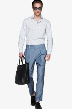 Camicia misto lino stampa fiori celeste